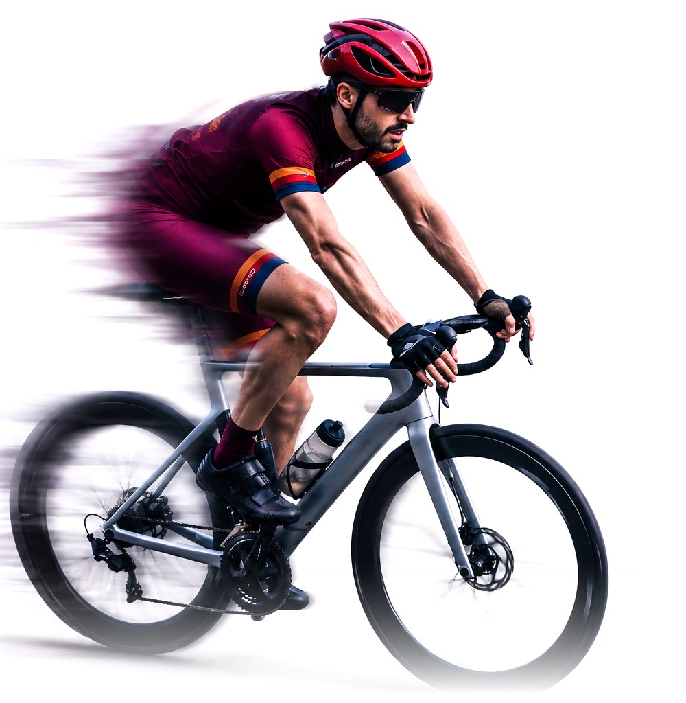 Cyclist riding at speed, seen side-on